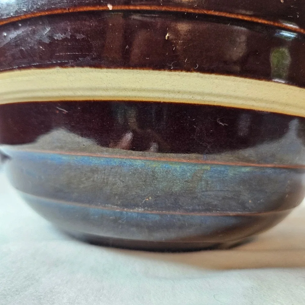 Vintage‎ USA 8 Inch Banded Stoneware Mixing Bowl Brown Blue Tan Ribbed Pottery